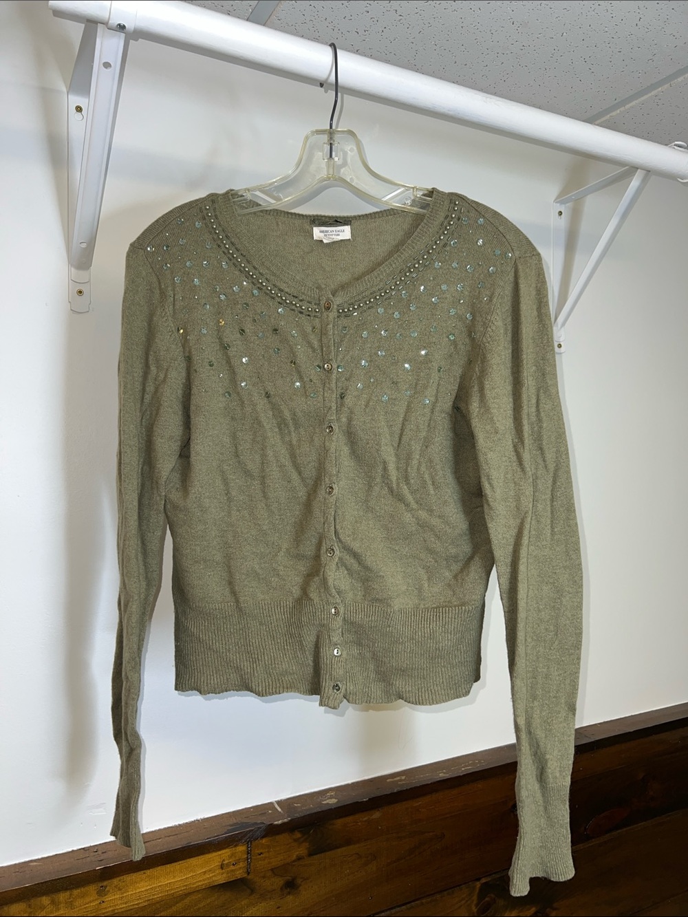 American Eagle Outfitters Olive Green Rhinestone Button-Front Cardigan- M